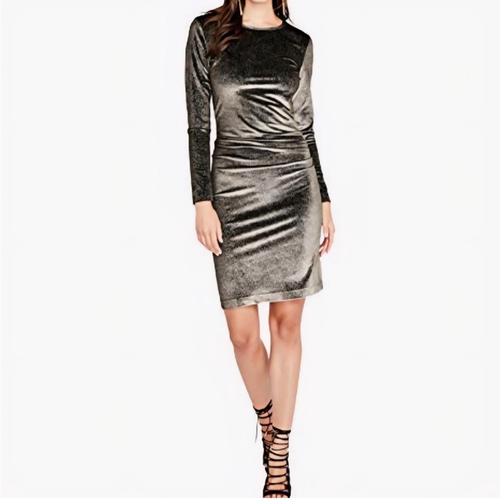 RACHEL Rachel Roy Metallic Gold Velvet Long Sleeve Sheath Dress